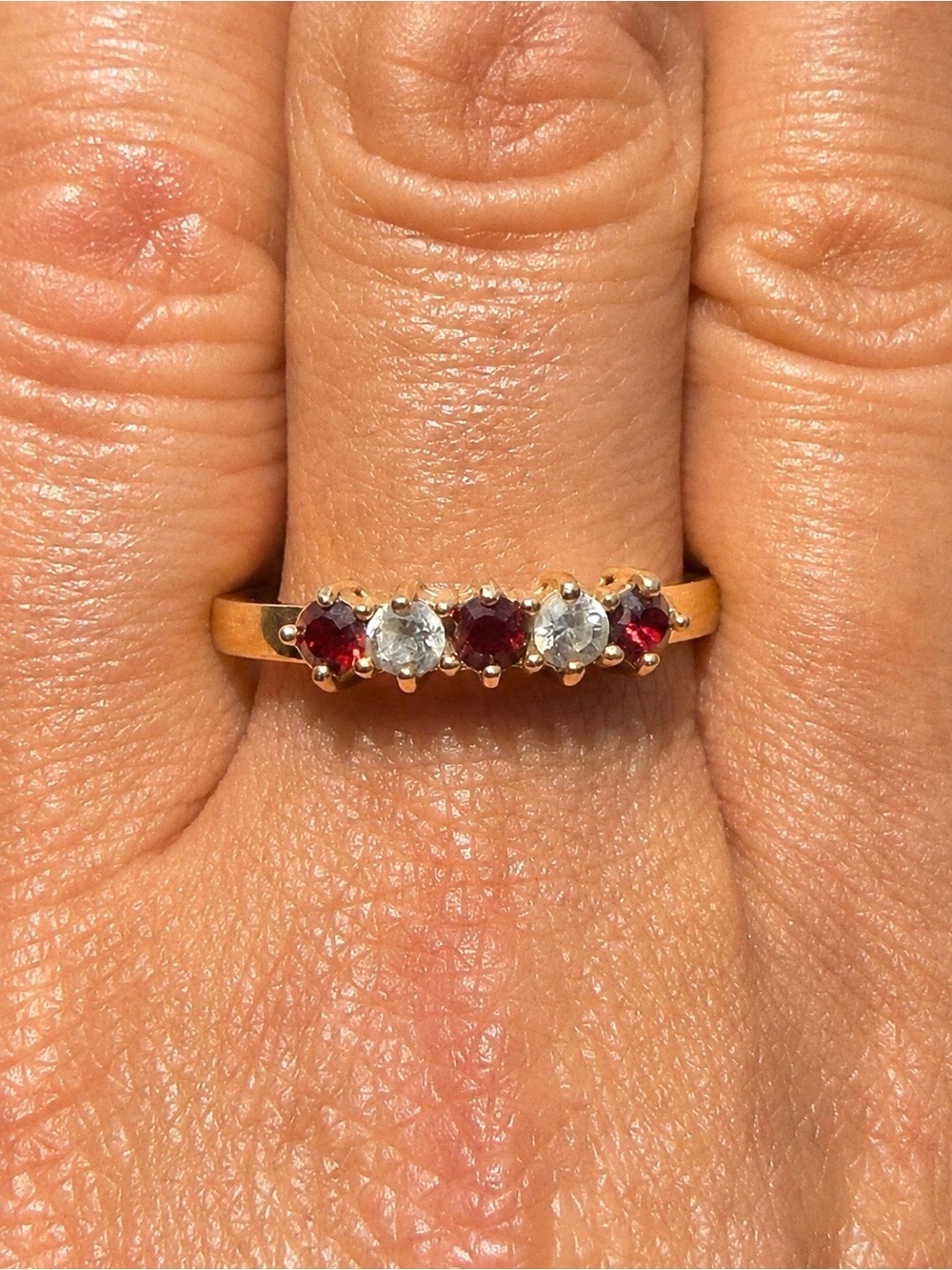 Vintage Gold Tone Ruby Red & Clear Crystal 5-Stone Ring Size 9